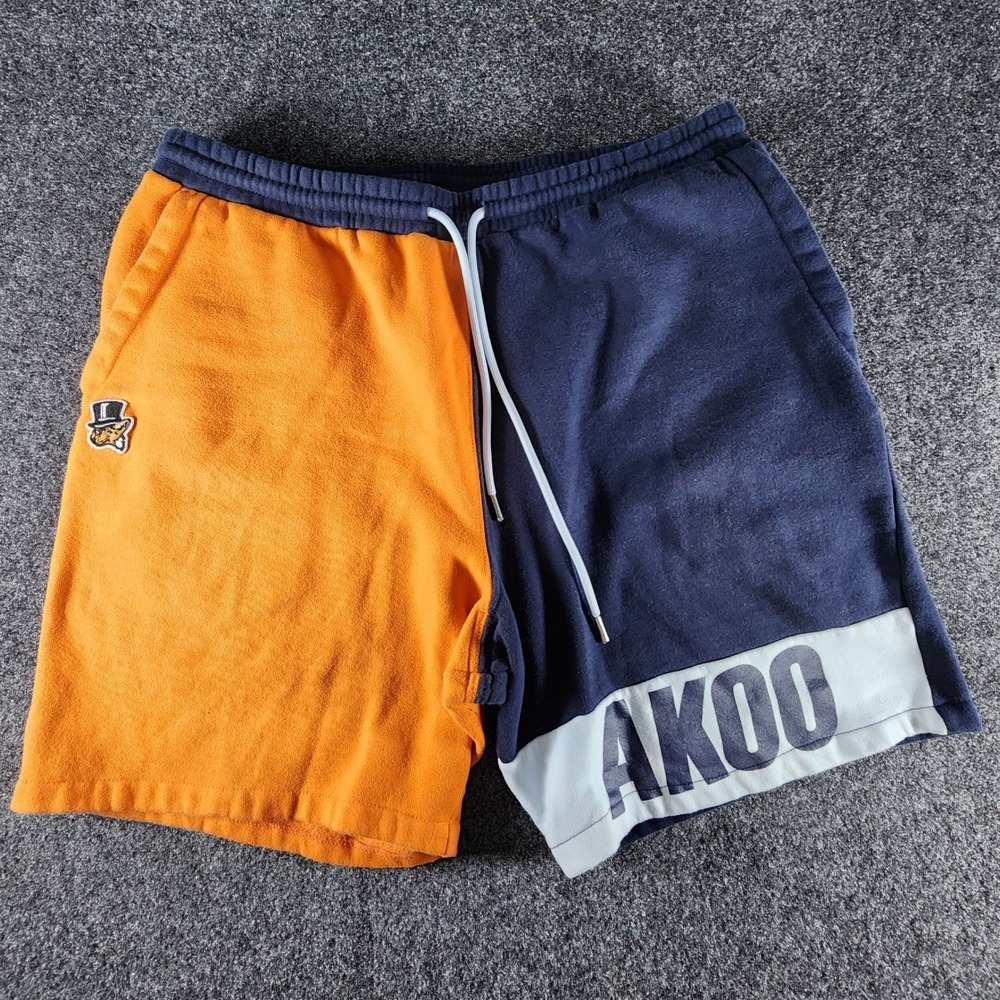 AKOO Mens Colorblock Sweat Shorts Navy Blue Orange XL Fleece Streetwear Graphic